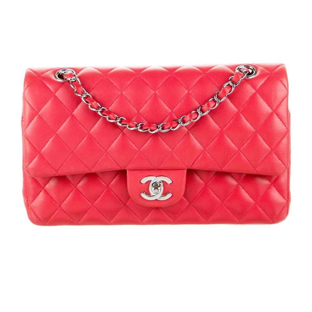 CHANEL Red Lambskin Medium Classic Double Flap Silver Hardware SHW $9500